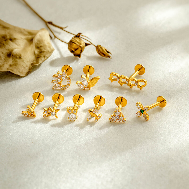 Boucles D'Oreilles Piercing Pour Femme, En Alliage De Titane Doré, Serties De Zircon Et Ornées D'Une Croix En Forme De Cœur (Collection Simple). Image5