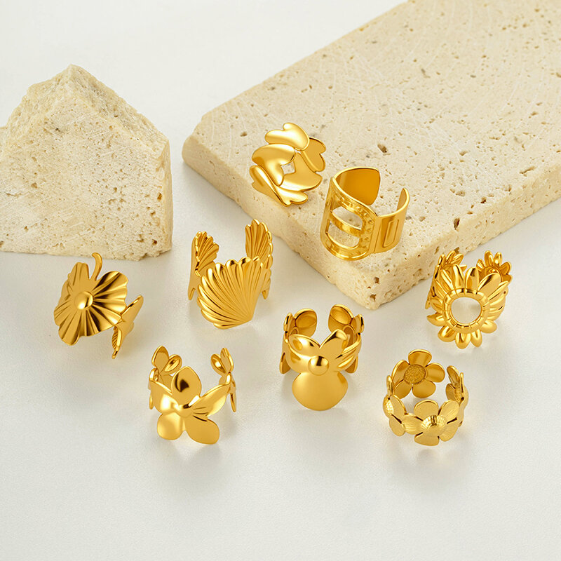 Boucles D'Oreilles Manchette Pour Femmes, En Acier Inoxydable, Couleur Or, Motif Fleur Et Cœur, Étanches, Série Simple h5Image5