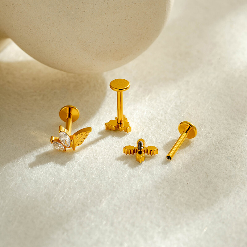 Boucles D'Oreilles Piercing Pour Femme, En Alliage De Titane Doré, Serties De Zircon Et Ornées D'Une Croix En Forme De Cœur (Collection Simple). 2