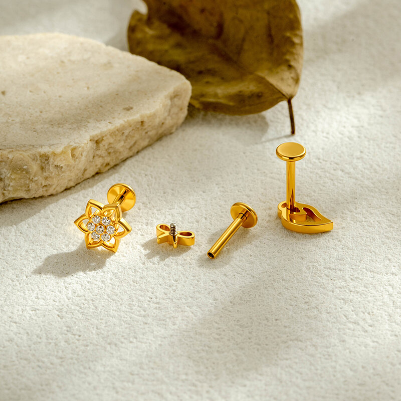 Boucles D'Oreilles Piercing Pour Femme, Série Simple, En Alliage De Titane Doré Avec Nœud Papillon Et Zircon. 2