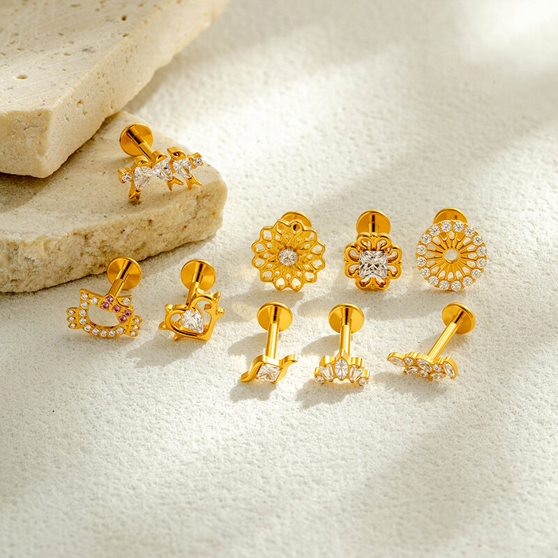 Boucles D'Oreilles Piercing Pour Femme, En Alliage De Titane Doré Avec Zircon, Motif Cœur Et Animal, Collection Simple. h5 Image5