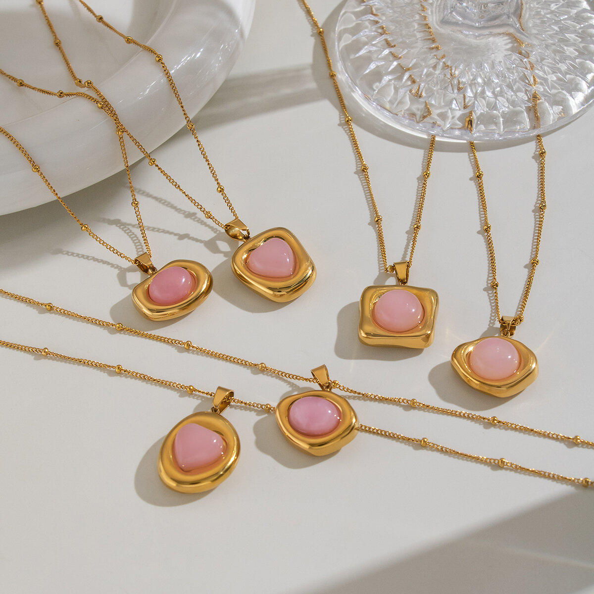 Colliers Pendentifs Pour Femmes En Acier Inoxydable De Forme Géométrique, Étanches, Couleur Or Et Pierre Naturelle Image4