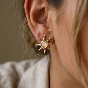 Boucles D'Oreilles Puces Pour Femmes En Acier Inoxydable Doré, En Forme De Soleil, Étanches, Avec Pierre Naturelle h5 Image2
