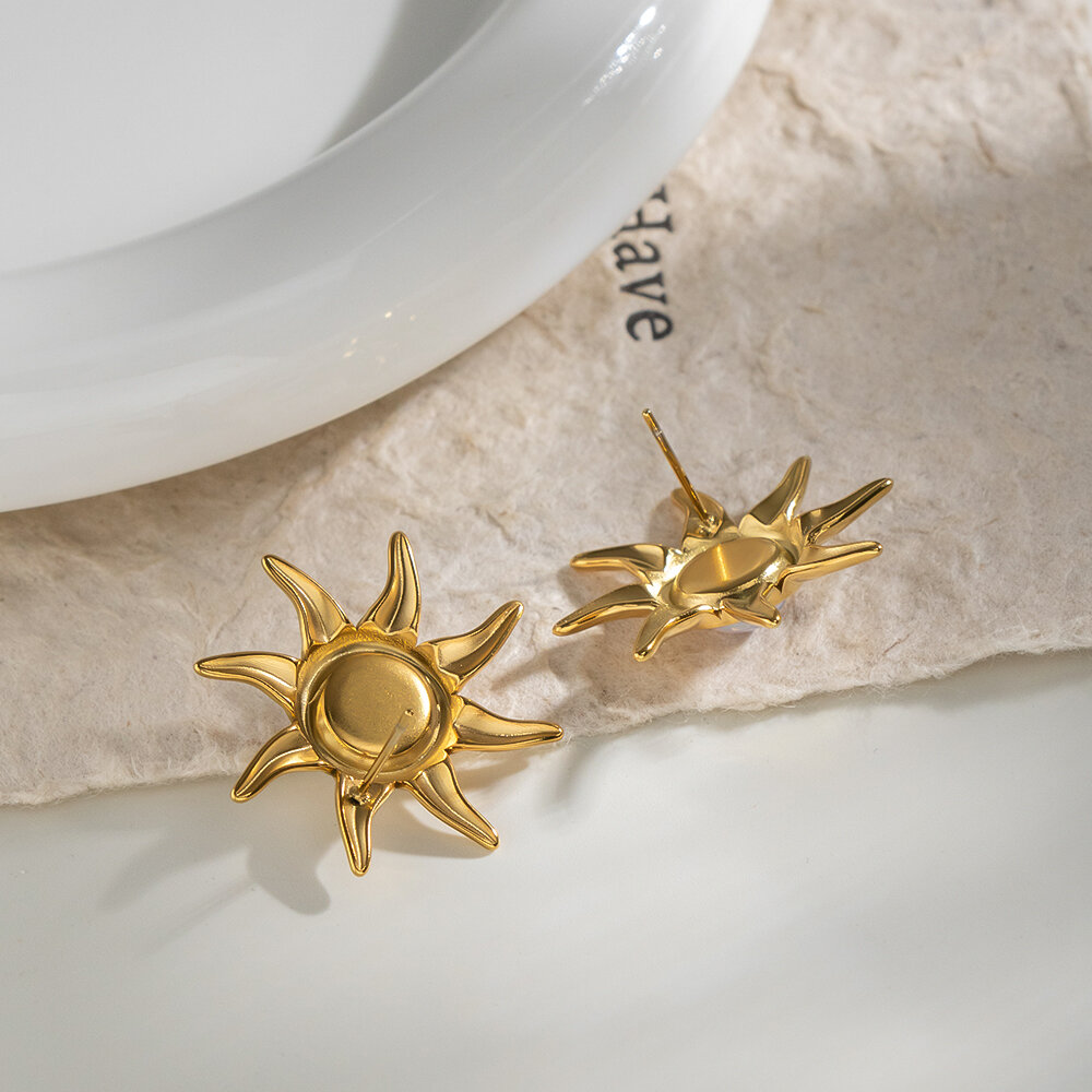 Boucles D'Oreilles Puces Pour Femmes En Acier Inoxydable Doré, En Forme De Soleil, Étanches, Avec Pierre Naturelle h5 Image3
