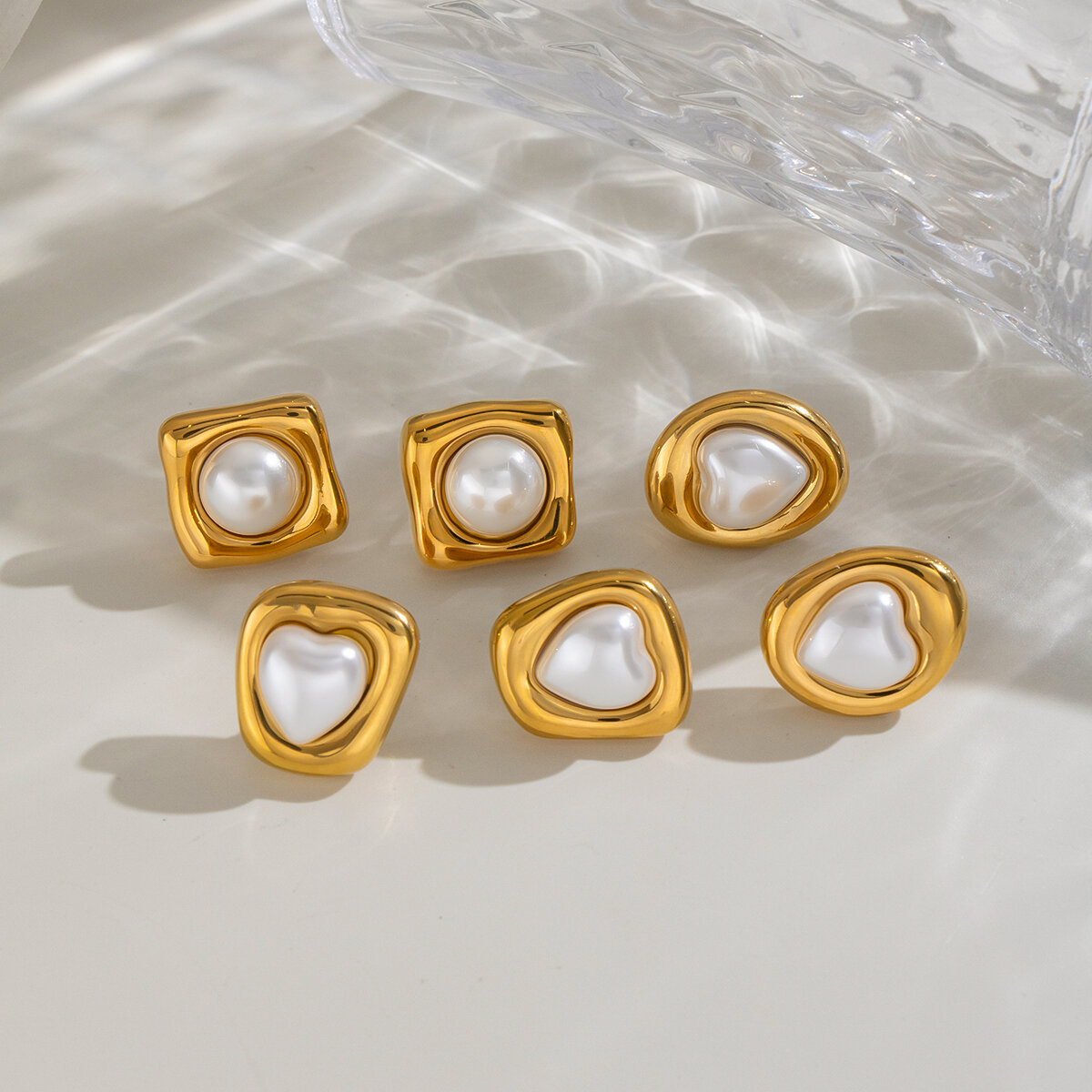 Boucles D'Oreilles Puces Pour Femme, Forme Géométrique, Perles Artificielles Couleur Or Image5