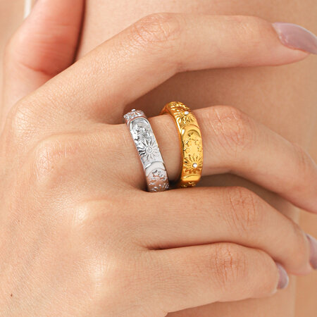 Simple Series Daily Sun Star Moon Stainless Steel Waterproof Gold Color Zircon Statement Rings