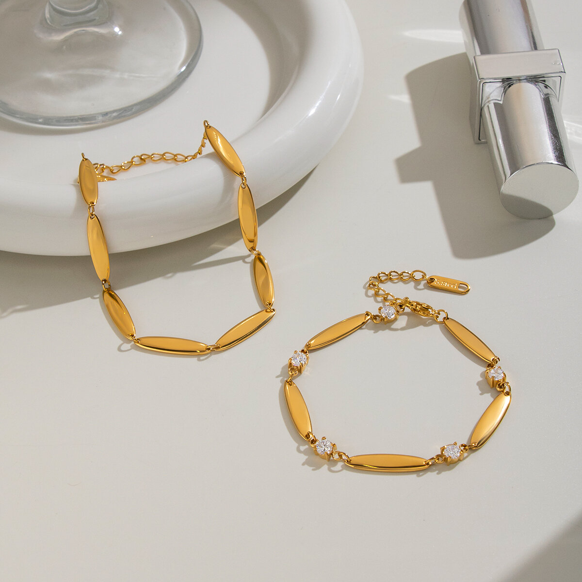 Bracelet Chaîne Pour Femme En Acier Inoxydable Étanche, Forme Elliptique, Couleur Or, Orné De Strass h5 Image2