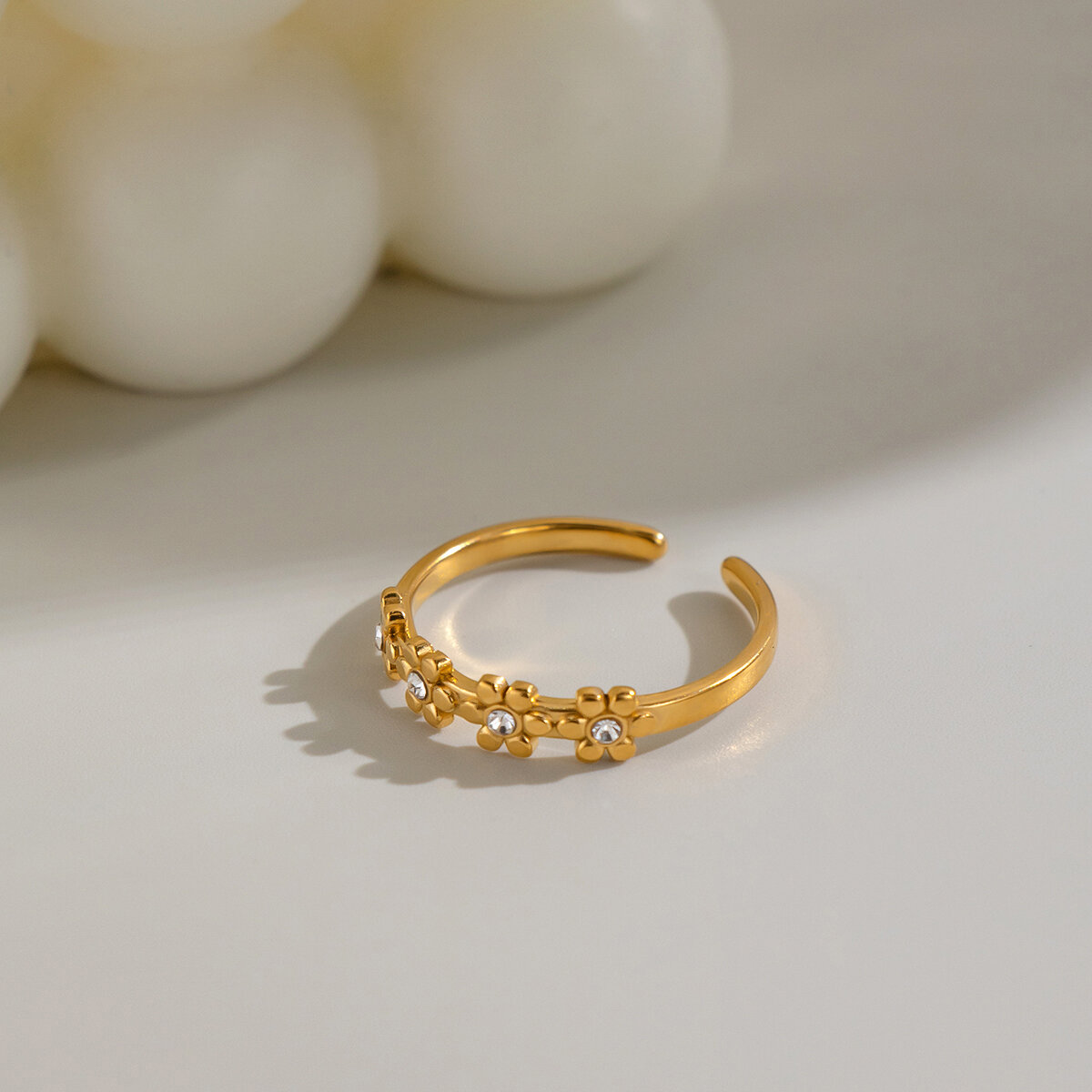 Bagues Pour Femmes En Acier Inoxydable Doré, Étanches, En Forme De Fleur Et Ornées De Strass Image3