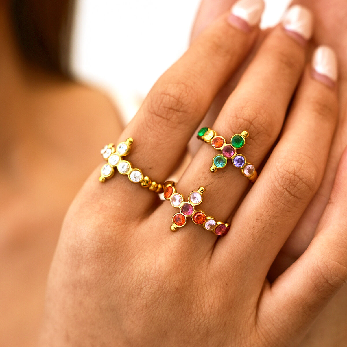 Simple Series Daily Cross Stainless Steel Waterproof   Gold Color  Zircon Women‘s Statement Rings Picture5