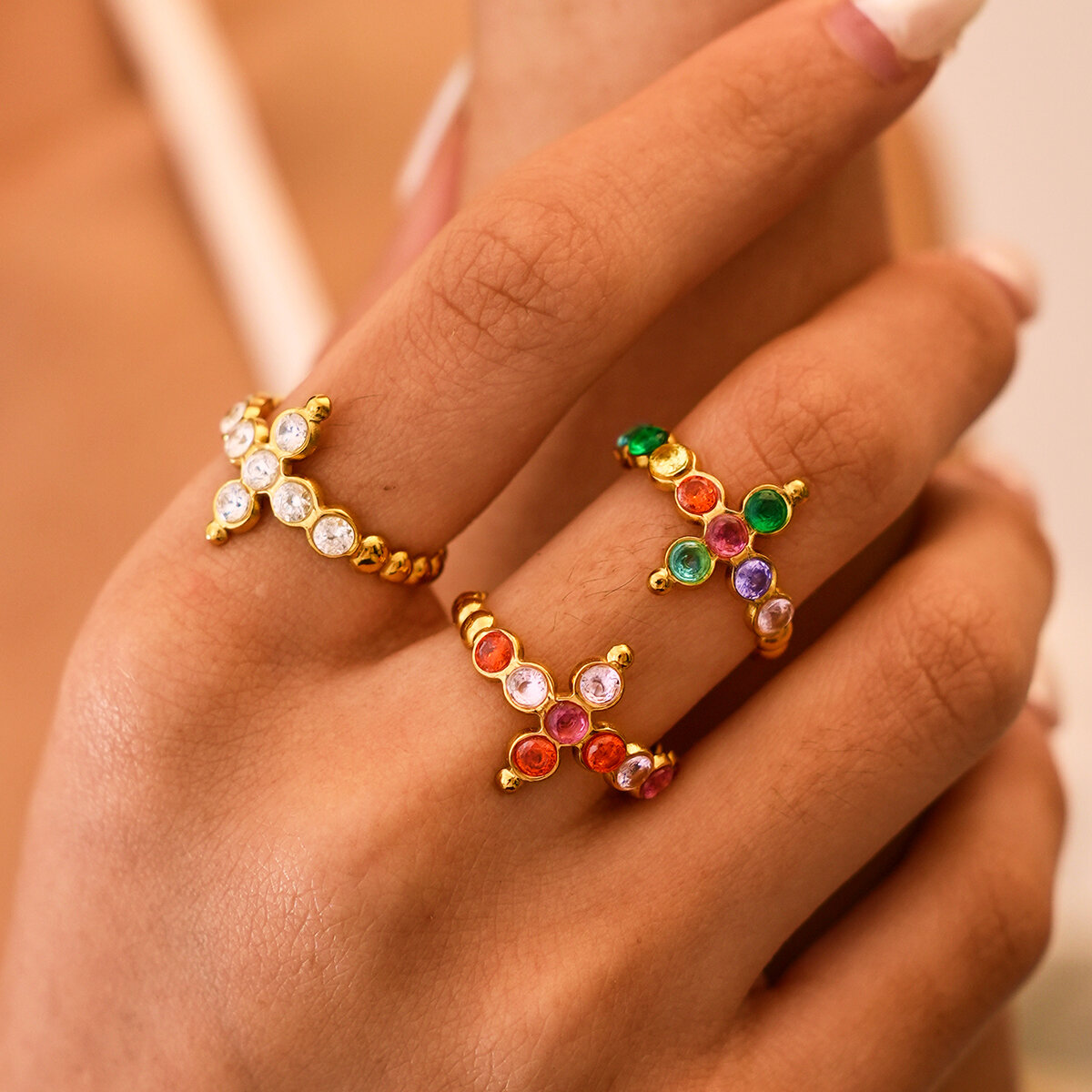 Simple Series Daily Cross Stainless Steel Waterproof   Gold Color  Zircon Women‘s Statement Rings