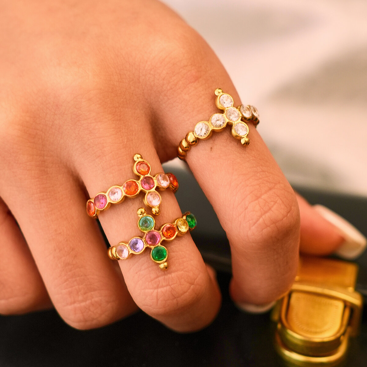 Simple Series Daily Cross Stainless Steel Waterproof   Gold Color  Zircon Women‘s Statement Rings h5 Picture4