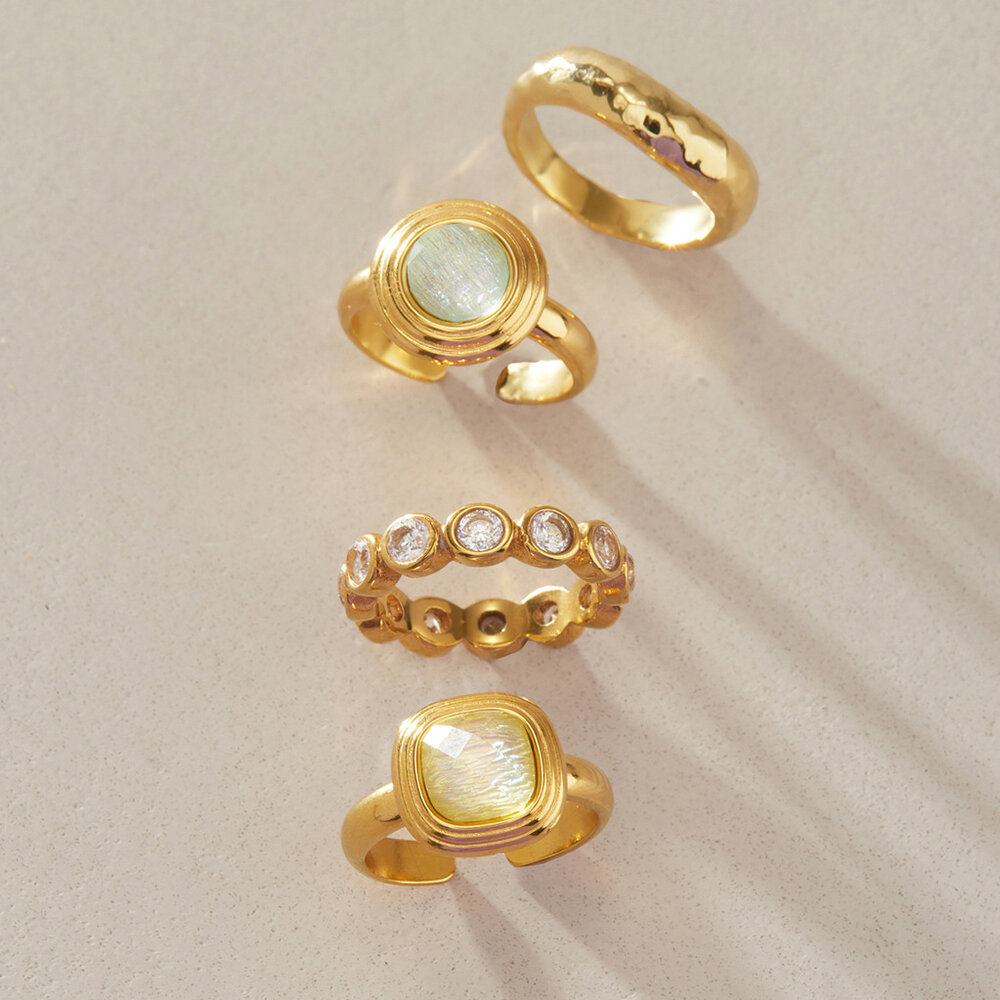 Anillos De Mujer Con Piedras Preciosas, De Resina Y Color Dorado, Con Forma Geométrica. Imagen4
