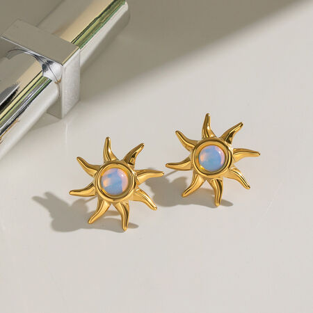 Sun Shape Stainless Steel Waterproof Gold Color Natural Stone Women's Stud Earrings