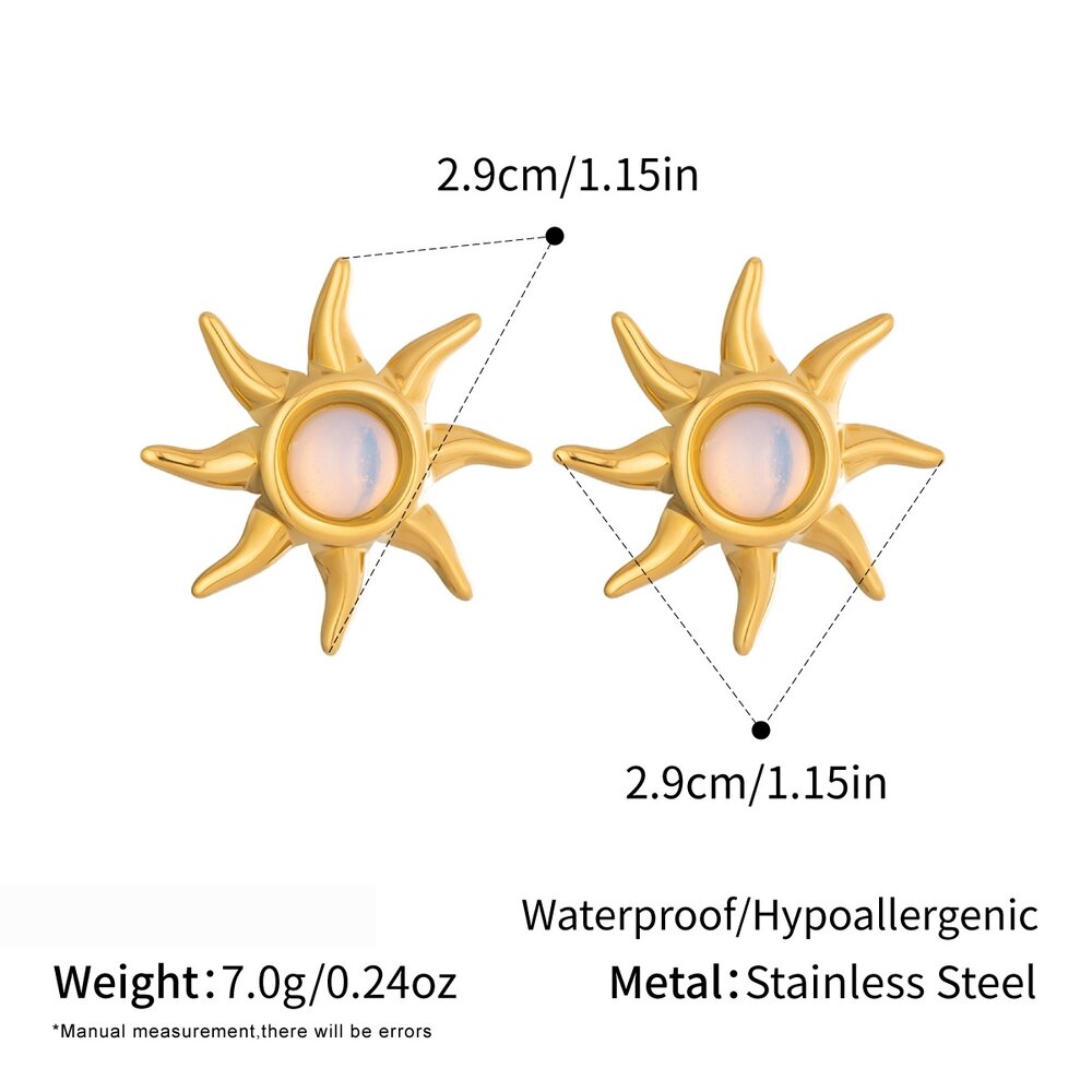 Boucles D'Oreilles Puces Pour Femmes En Acier Inoxydable Doré, En Forme De Soleil, Étanches, Avec Pierre Naturelle