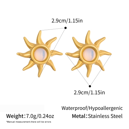Orecchini a perno da donna a forma di sole in acciaio inossidabile, impermeabili, color oro, con pietra naturale.