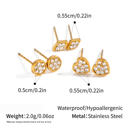 Set di orecchini da donna a forma di cuore in acciaio inossidabile, impermeabili, color oro, con strass.