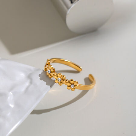 Flower Shape Stainless Steel Waterproof Gold Color Rhinestone Women's Statement Rings