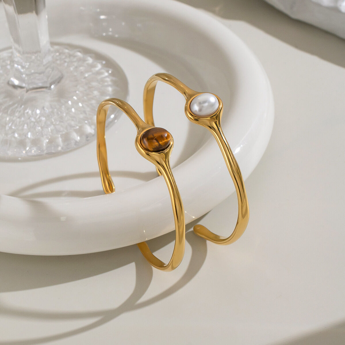 Bracelet Manchette Pour Femme En Acier Inoxydable De Forme Elliptique, Couleur Or, Étanche, Avec Pierre Naturelle