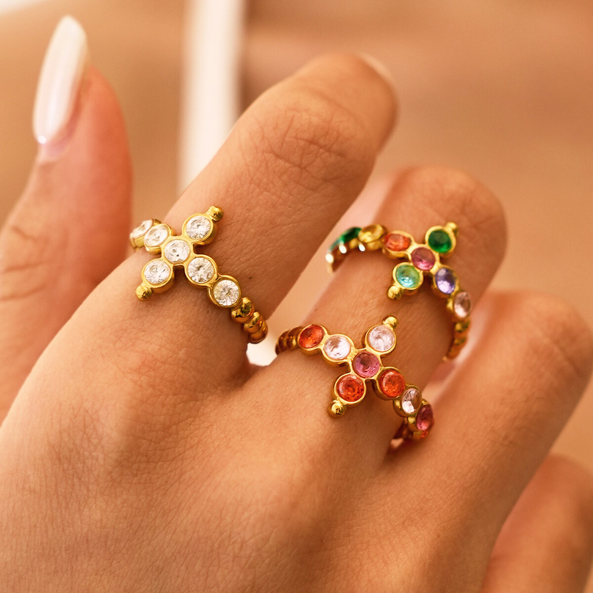 Simple Series Daily Cross Stainless Steel Waterproof   Gold Color  Zircon Women‘s Statement Rings Picture2