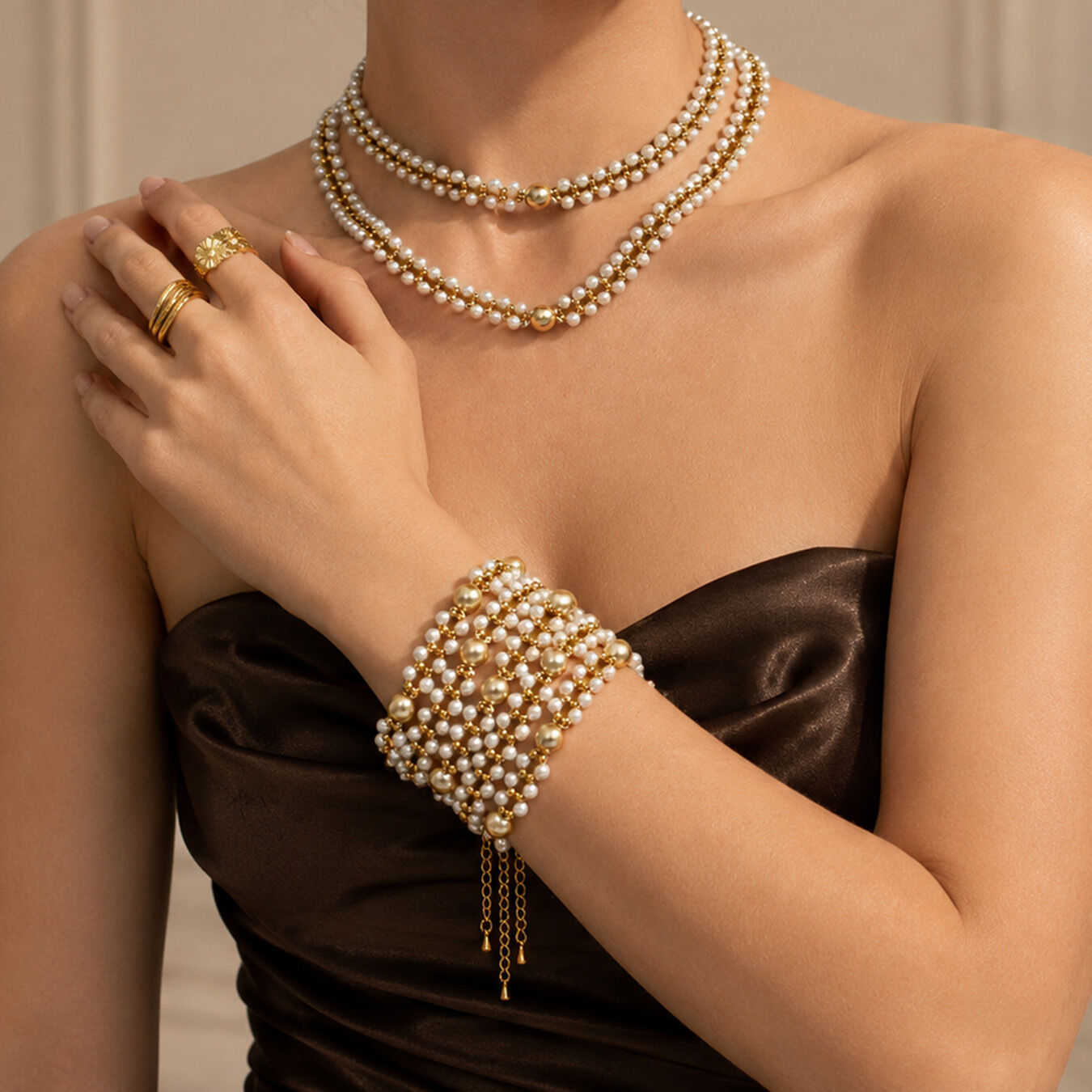 Romantic Series Elegant Beads Stainless Steel Waterproof   Gold Color  Artificial Pearl Women's Beaded Bracelets