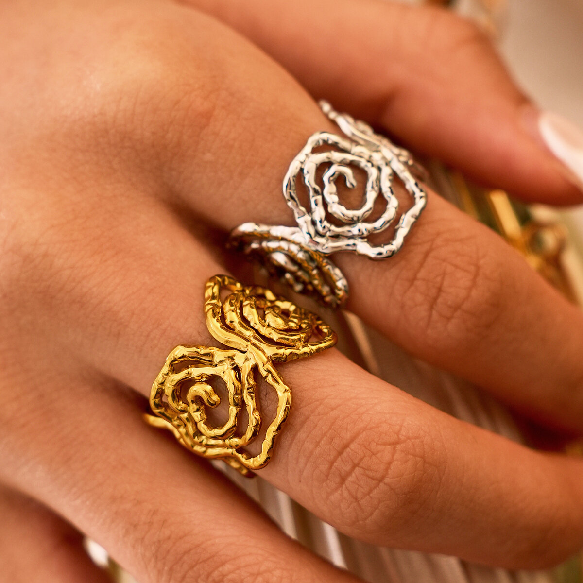 Simple Series Daily Flower Stainless Steel Waterproof   Gold Color Women‘s Statement Rings h5 Picture5