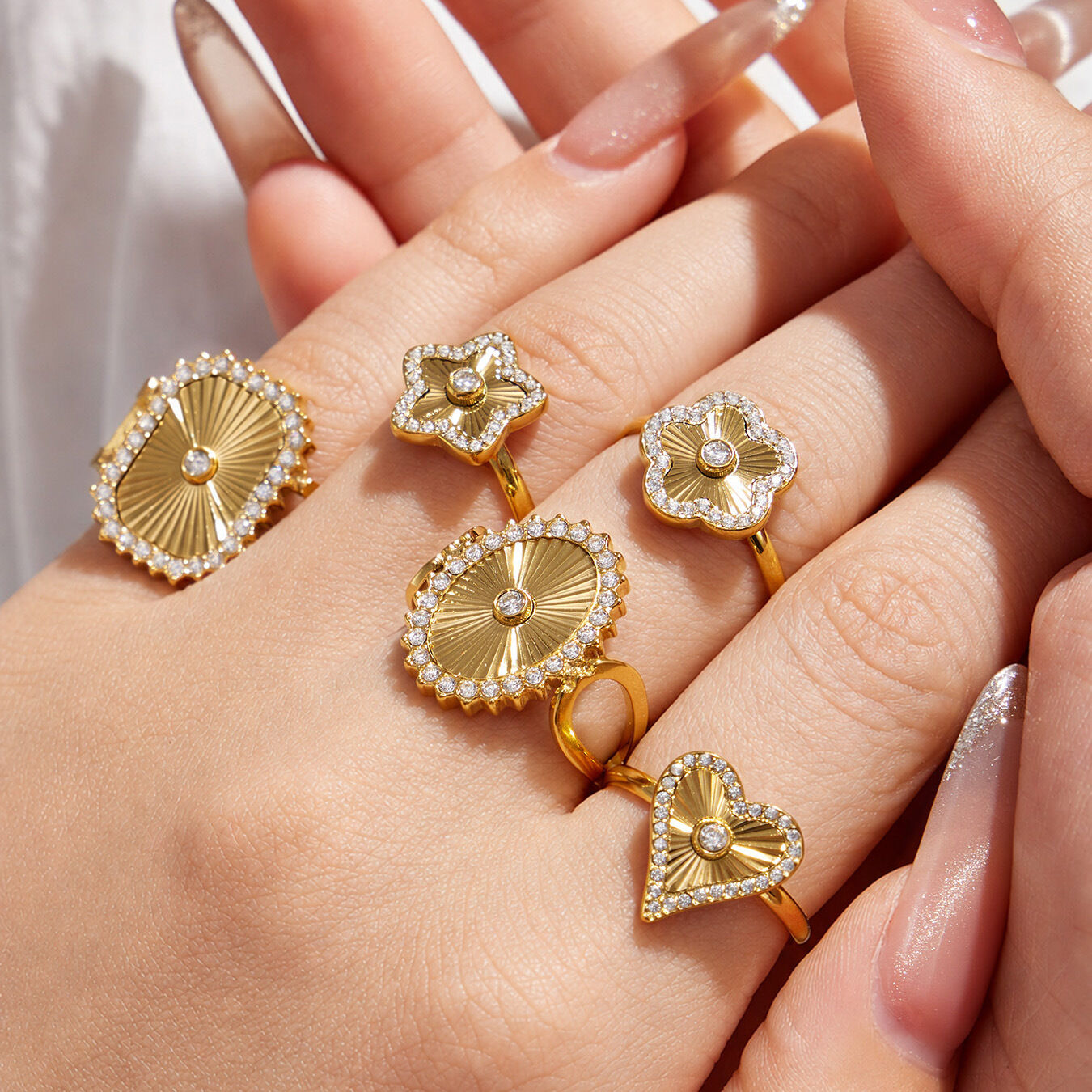 Luxurious Series Elegant Flower Heart Star Stainless Steel Waterproof   Gold Color  Statement Rings
