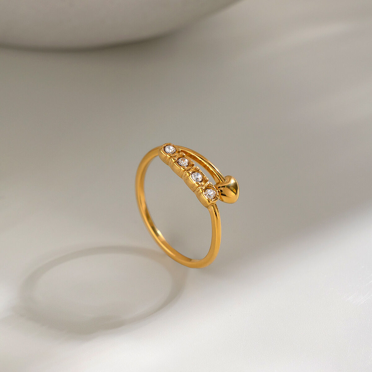 Heart Shape Stainless Steel Waterproof Gold Color Rhinestone Women's Gemstone Rings