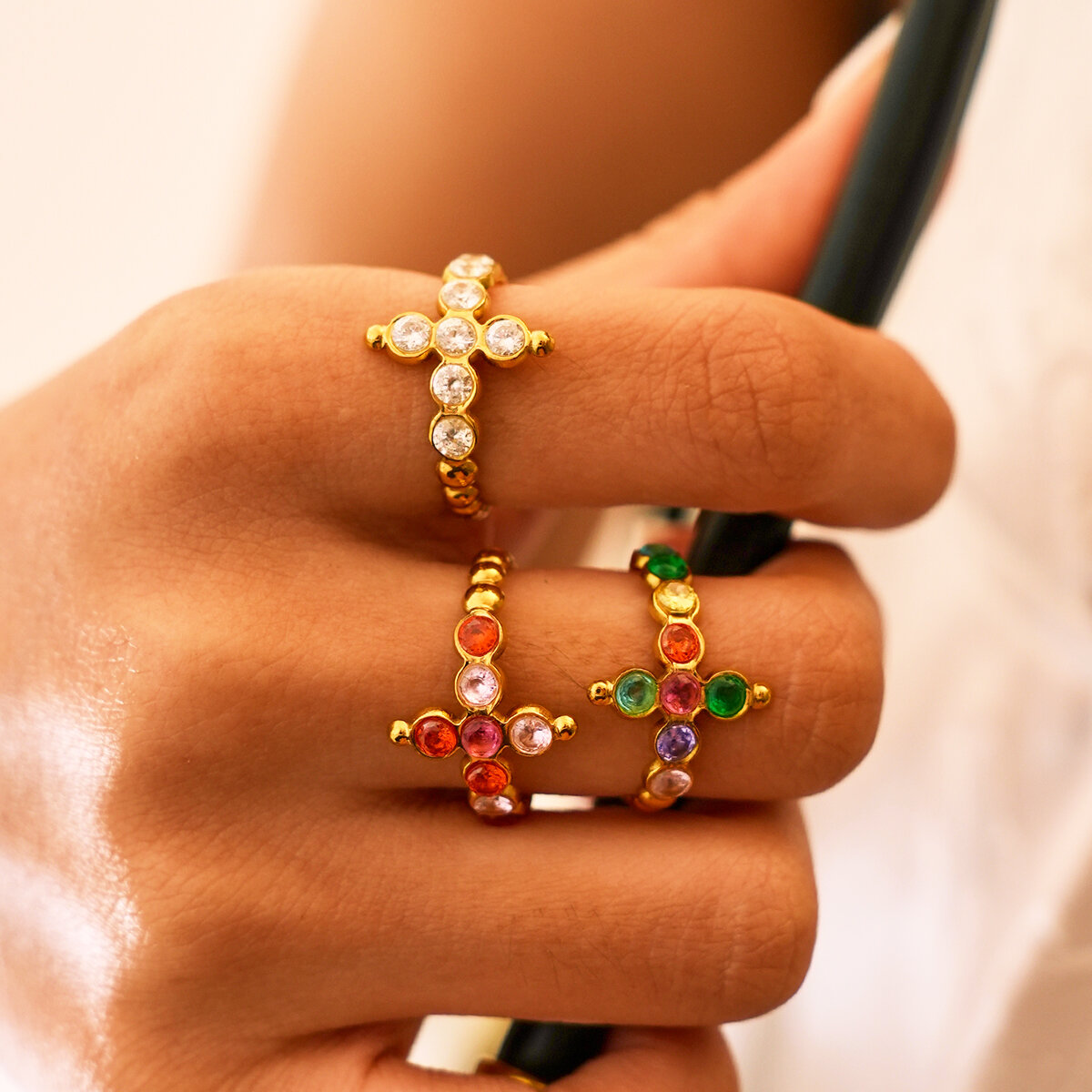 Simple Series Daily Cross Stainless Steel Waterproof   Gold Color  Zircon Women‘s Statement Rings Picture3
