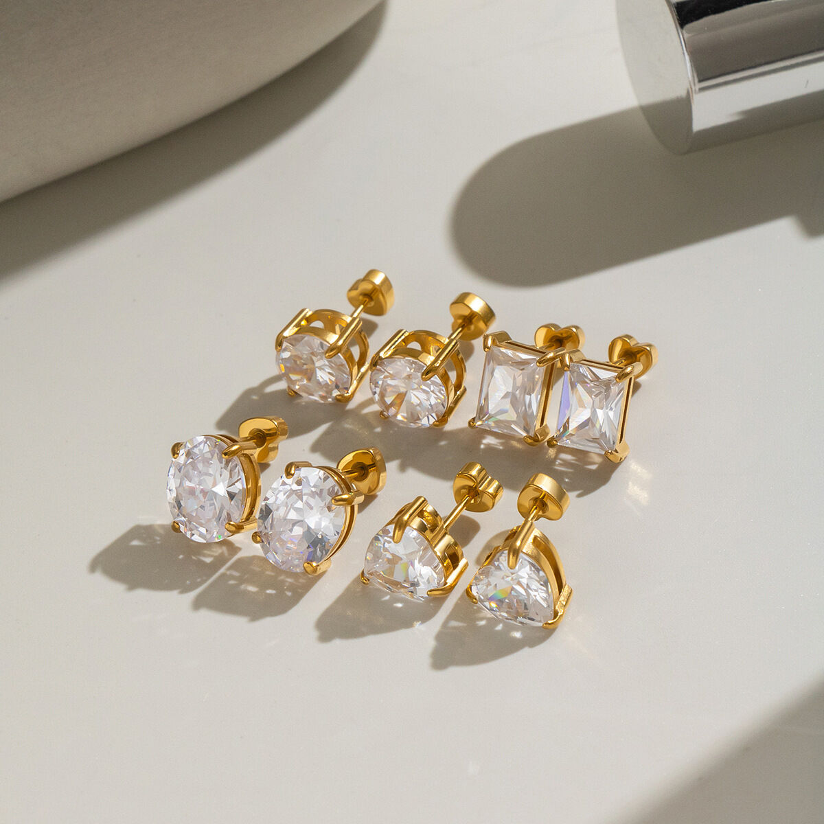 Stainless Steel Waterproof Gold Color Zircon Women's Stud Earrings