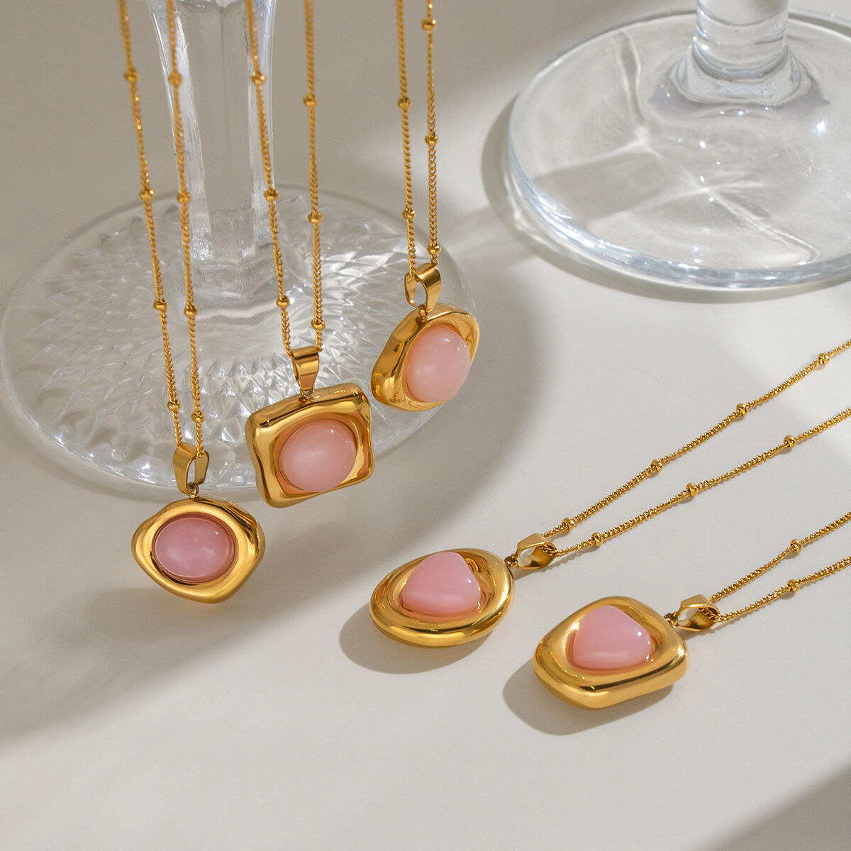 Geometric Shape Stainless Steel Waterproof Gold Color Natural Stone Women's Pendant Necklaces
