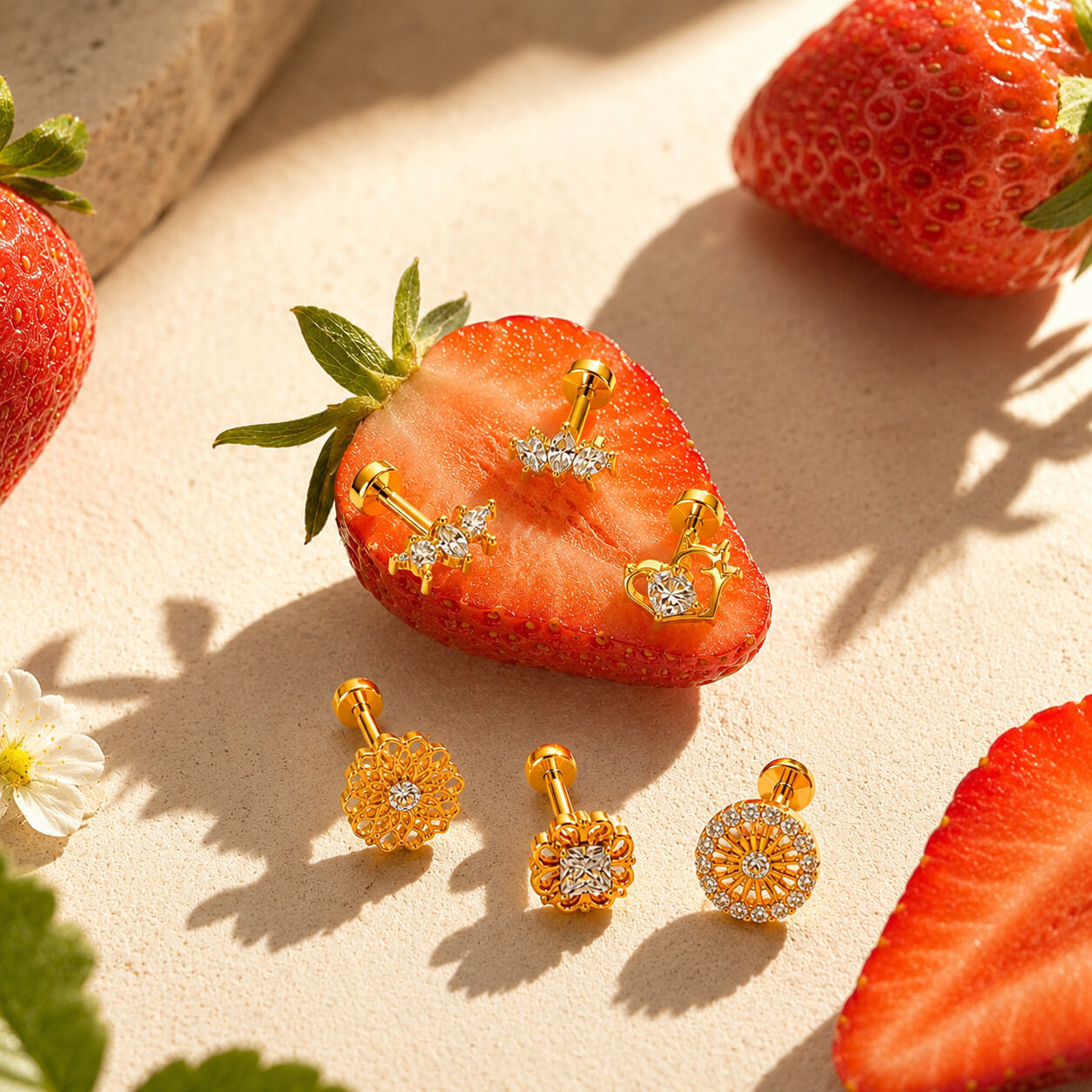 Boucles D'Oreilles Piercing Pour Femme, En Alliage De Titane Doré Avec Zircon, Motif Cœur Et Animal, Collection Simple.