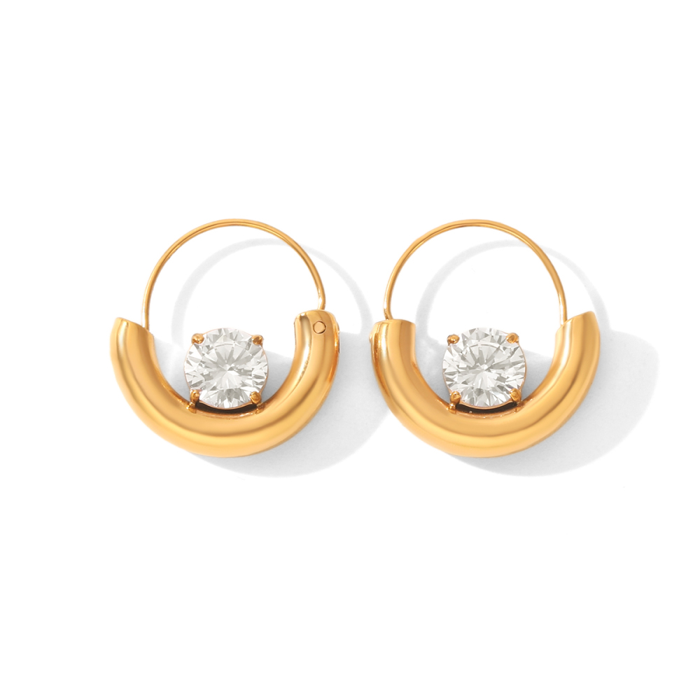 Circle Stainless Steel Waterproof Gold Color Zircon Women's Hoop Earrings