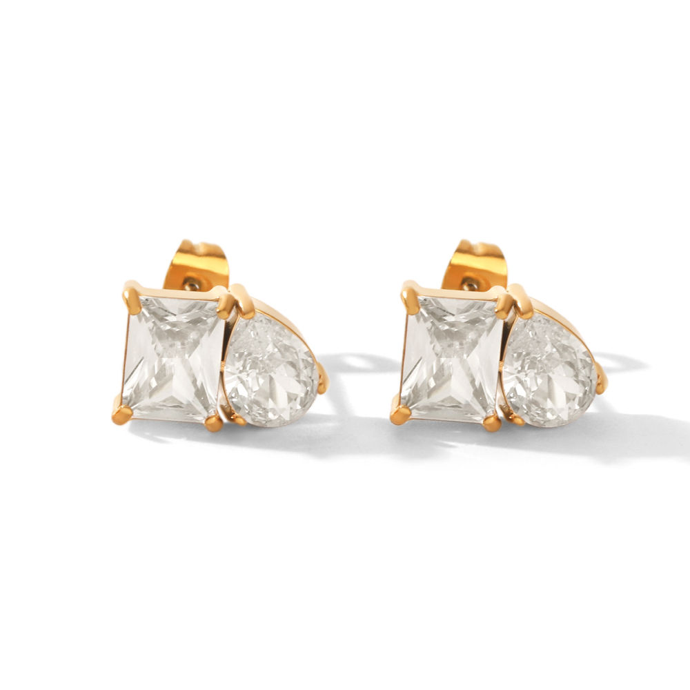 Droplet Rectangle Stainless Steel Waterproof Gold Color Zircon Women's Stud Earrings