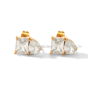 Droplet Rectangle Stainless Steel Waterproof Gold Color Zircon Women's Stud Earrings h5