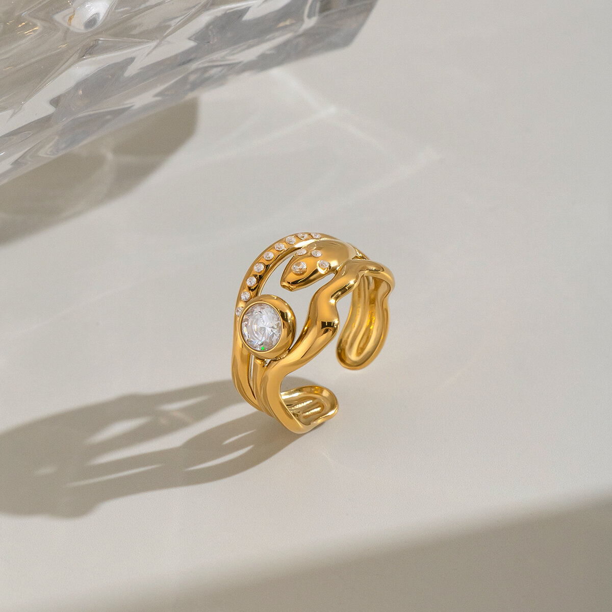 Anillos De Mujer De La Serie Simple Daily Con Forma Irregular, Resistentes Al Agua, De Acero Inoxidable Y Color Dorado Con Circonitas. h5 Imagen6