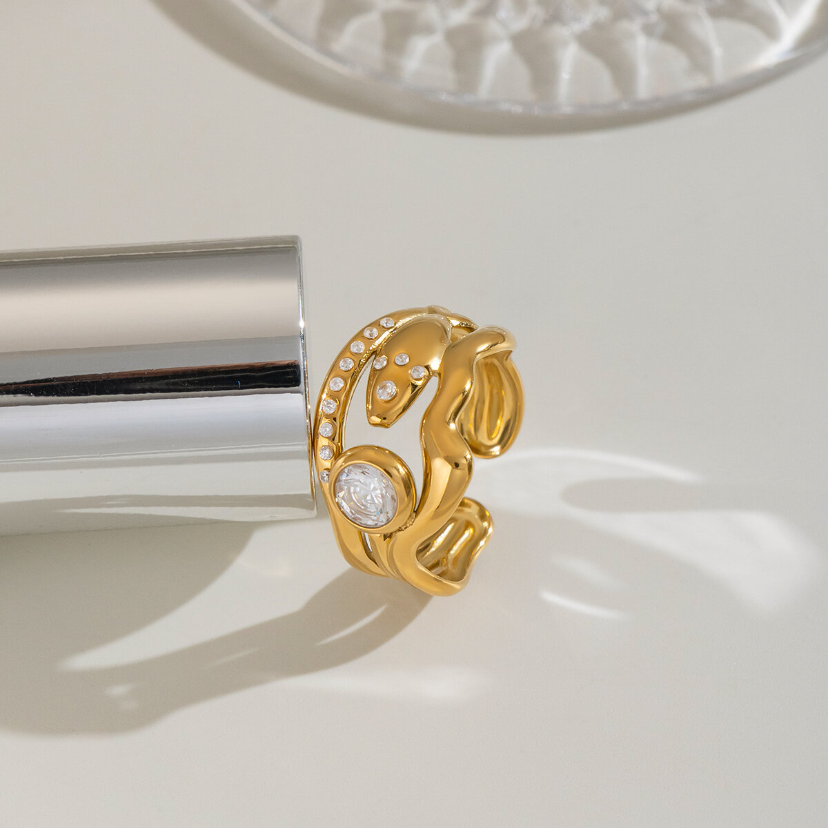 Anillos De Mujer De La Serie Simple Daily Con Forma Irregular, Resistentes Al Agua, De Acero Inoxidable Y Color Dorado Con Circonitas. h5 Imagen4