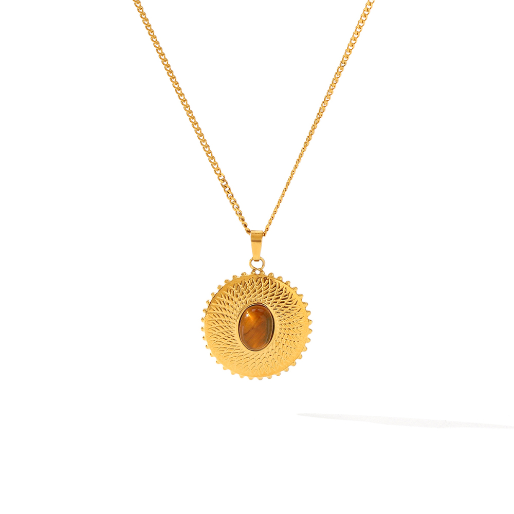 Cross Ellipse Shape Stainless Steel Waterproof Gold Color Natural Stone Zircon Women's Pendant Necklaces