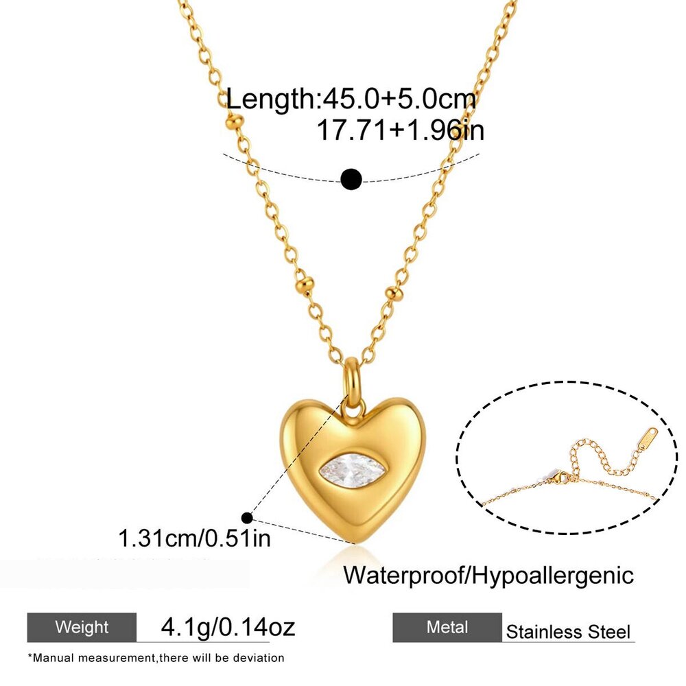 Simple Series Cute Heart Stainless Steel Waterproof Gold Color Zircon Women's Pendant Necklaces