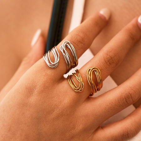 Simple Series Daily Irregular Shape Hollowed-Out Stainless Steel Waterproof   Gold Color  Women‘s Statement Rings 2