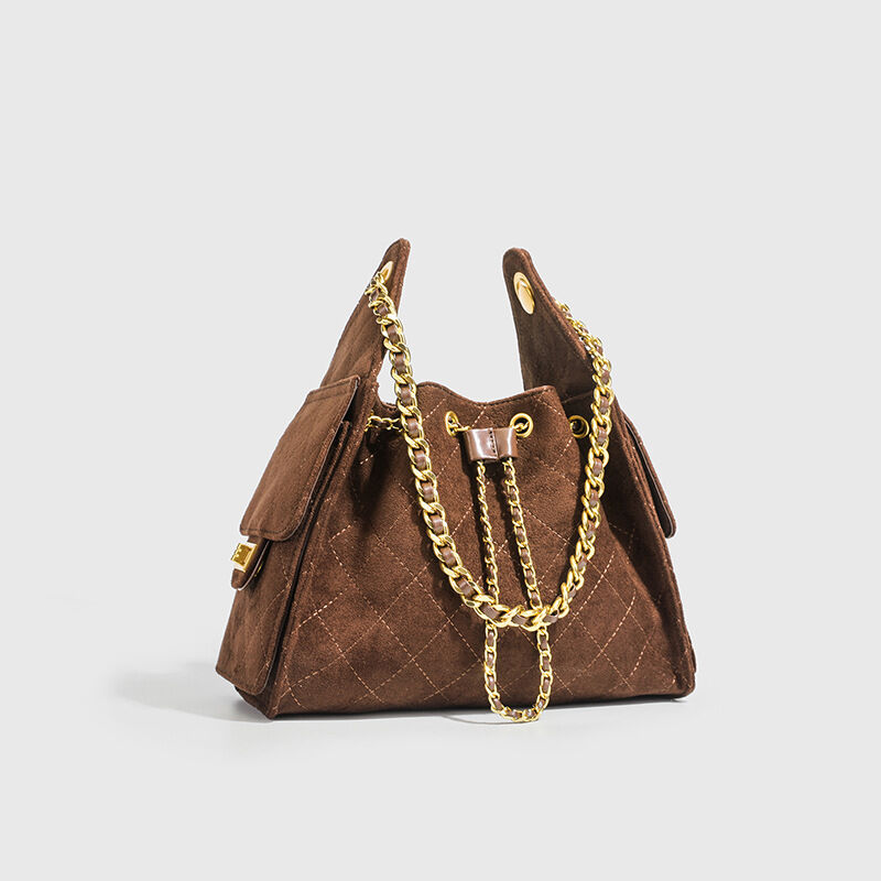 Casual Style Quilted Stitching Metal Hardware Solid Color Suede Women's Bucket Shoulder Bags h5Picture4