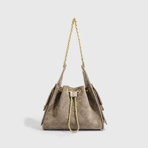 Casual Style Quilted Stitching Metal Hardware Solid Color Suede Women's Bucket Shoulder Bags h5 Picture2