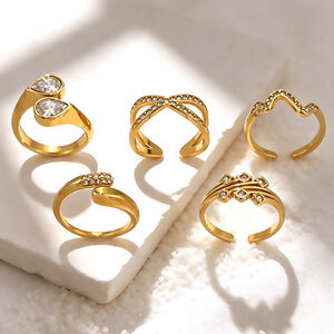 Simple Irregular Shape Stainless Steel Waterproof Gold Color Rhinestone Zircon Women's Gemstone Rings h5 Picture4