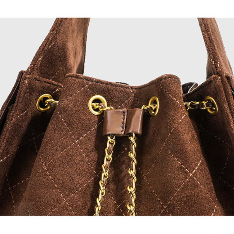 Casual Style Quilted Stitching Metal Hardware Solid Color Suede Women's Bucket Shoulder Bags h5Picture5