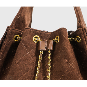Casual Style Quilted Stitching Metal Hardware Solid Color Suede Women's Bucket Shoulder Bags h5 Picture5