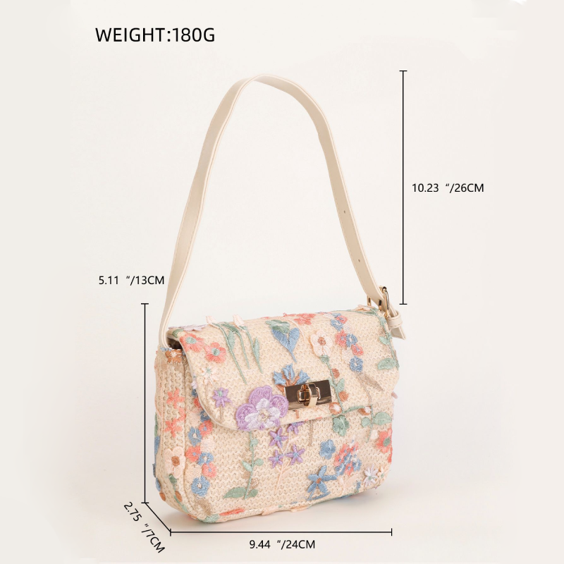 Casual Style Embroidered Woven Flower Woven Raffia Women's Square Shoulder Bags