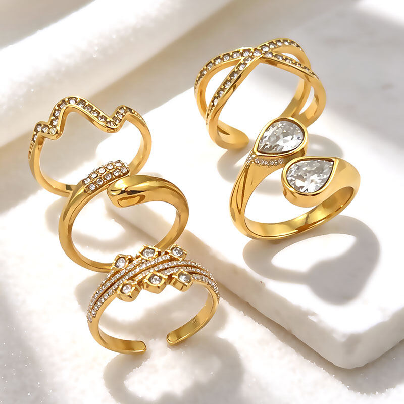 Simple Irregular Shape Stainless Steel Waterproof Gold Color Rhinestone Zircon Women's Gemstone Rings