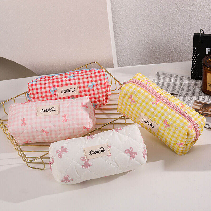 Eenvoudige Serie Schattige Polyester Pennenetuis Met Strik En Ruitpatroon