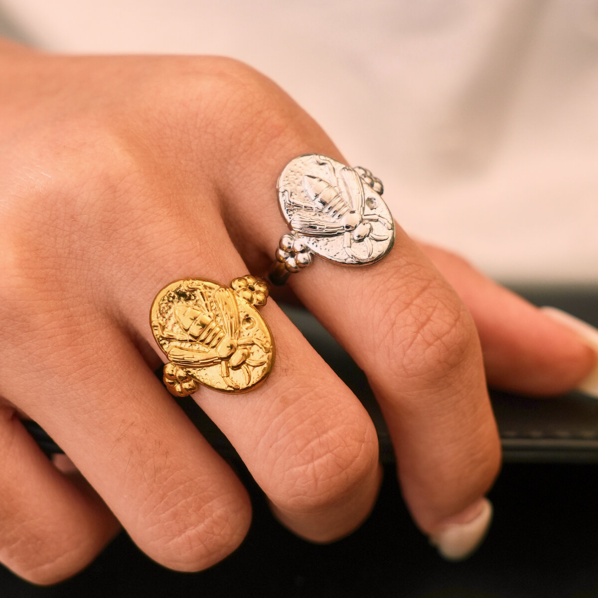 Simple Series Daily Bee Stainless Steel Waterproof   Gold Color  Women‘s Statement Rings h5 Picture4