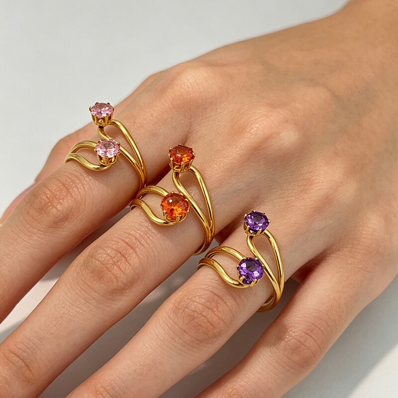 Simple Irregular Shape Stainless Steel Waterproof Gold Color Zircon Women's Gemstone Rings h5Picture2