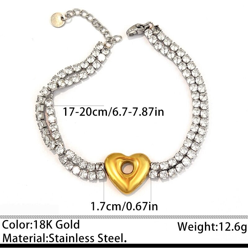 Simple Series Heart Stainless Steel Waterproof   Gold Color  Rhinestone Women's Chain Bracelets h5 